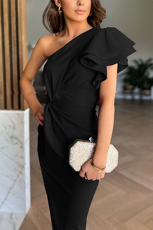 Caz Damen Off Shoulder Midi Kleid mit Rüschenärmeln und Schlitz