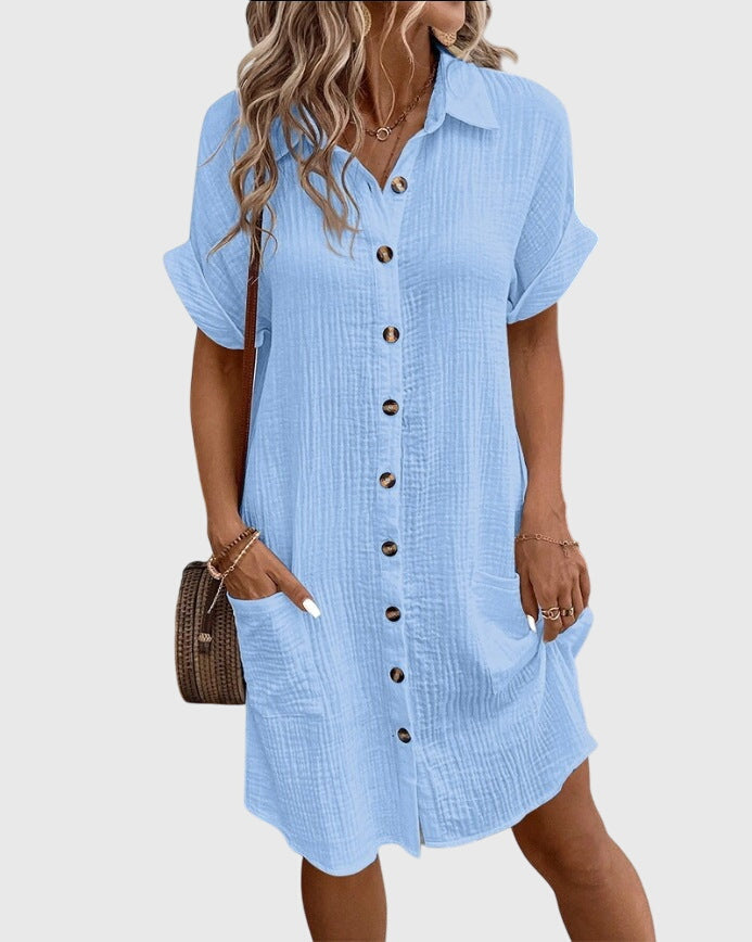 Locker geschnittenes Sommerkleid mit Knopfleiste – Midikleid Kurzarm Polokleid