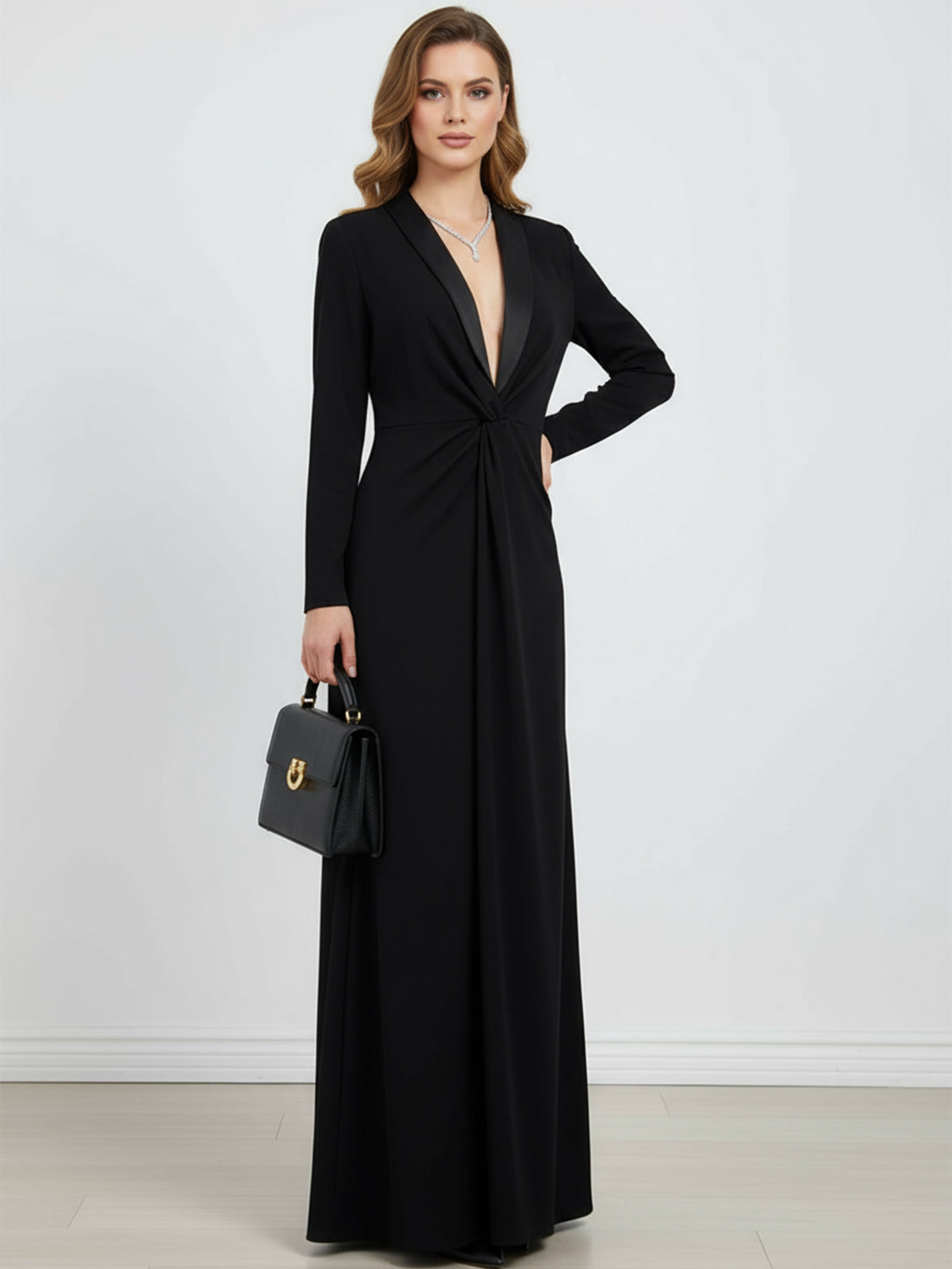 Langarm-Skinny-Maxikleid mit tiefem V-Ausschnitt – Unifarben