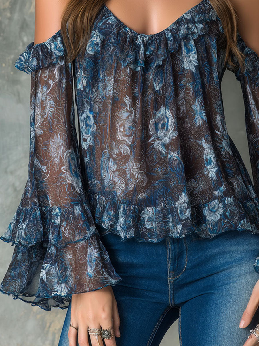 Boho Midnight Blue – Rüschen-Bluse mit Blumendruck, transparent & off-shoulder