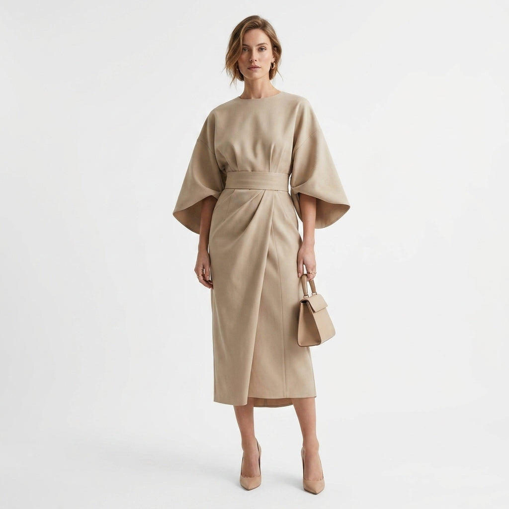Damen Midikleid mit Bindegürtel und A-Linie