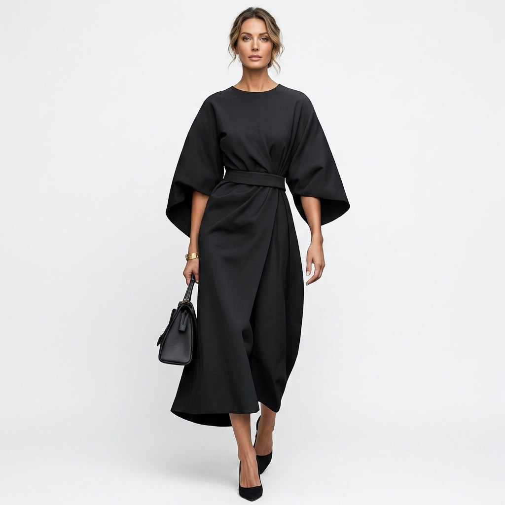 Damen Midikleid mit Bindegürtel und A-Linie