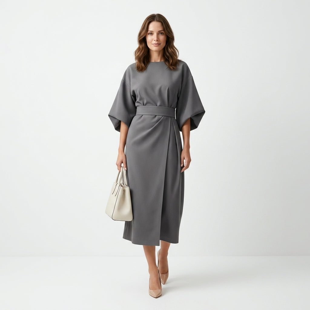 Damen Midikleid mit Bindegürtel und A-Linie
