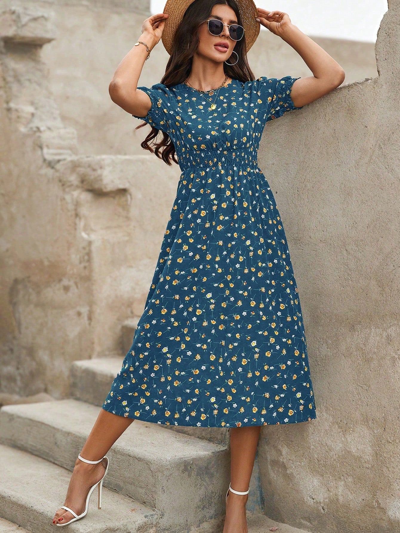 Blumendruck Puffärmel Raffung Taille A Linie Midikleid