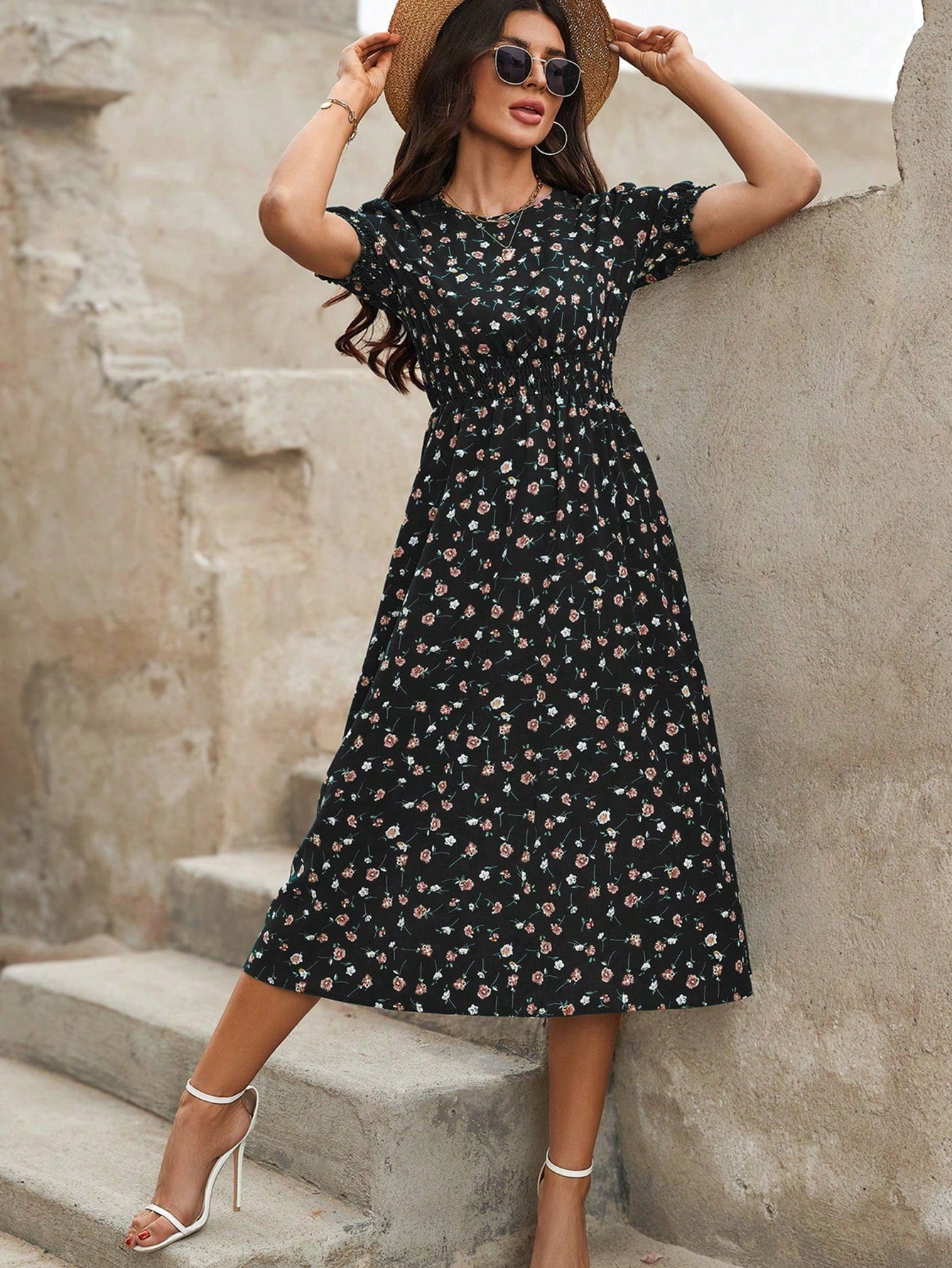 Blumendruck Puffärmel Raffung Taille A Linie Midikleid