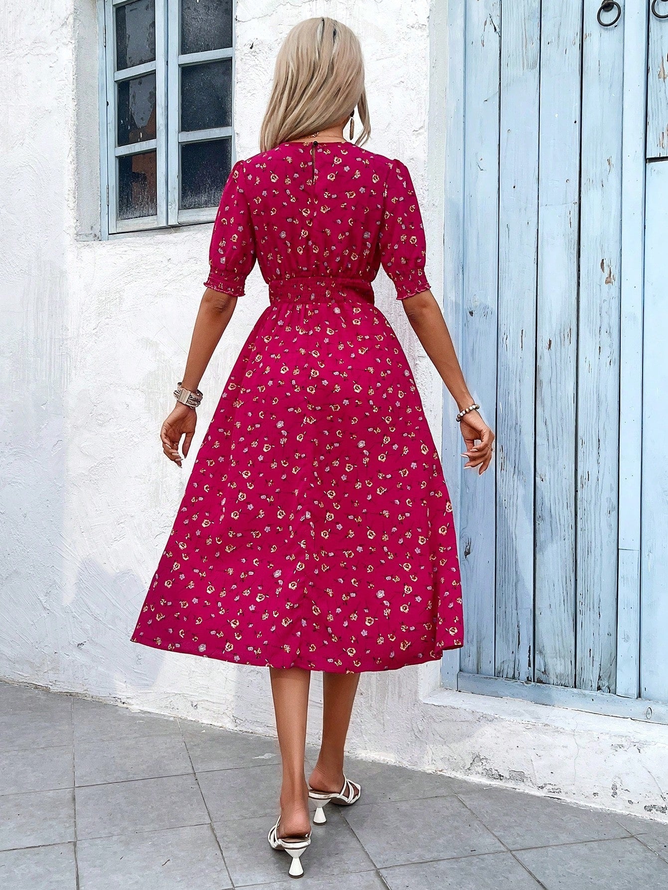 Blumendruck Puffärmel Raffung Taille A Linie Midikleid