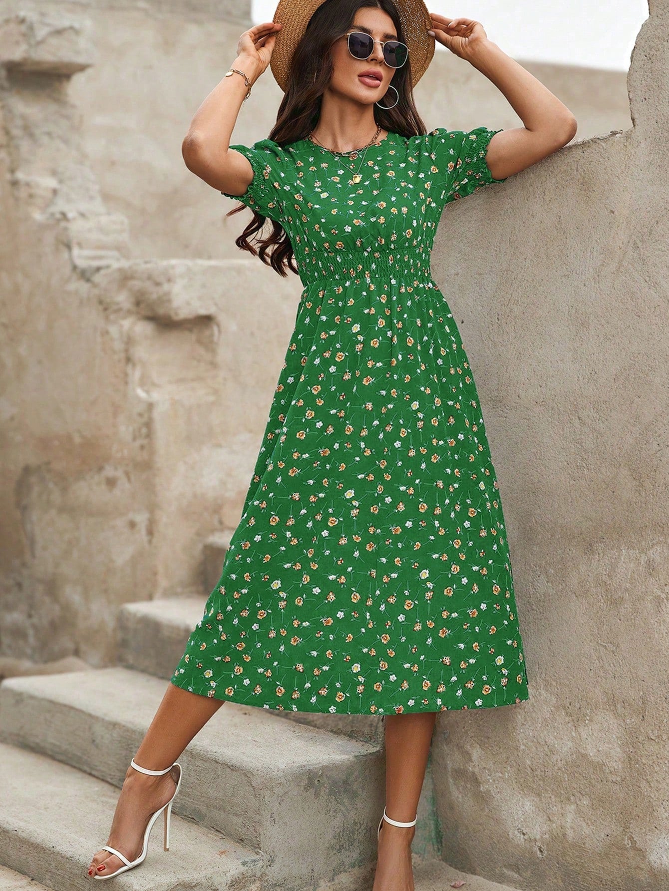 Blumendruck Puffärmel Raffung Taille A Linie Midikleid
