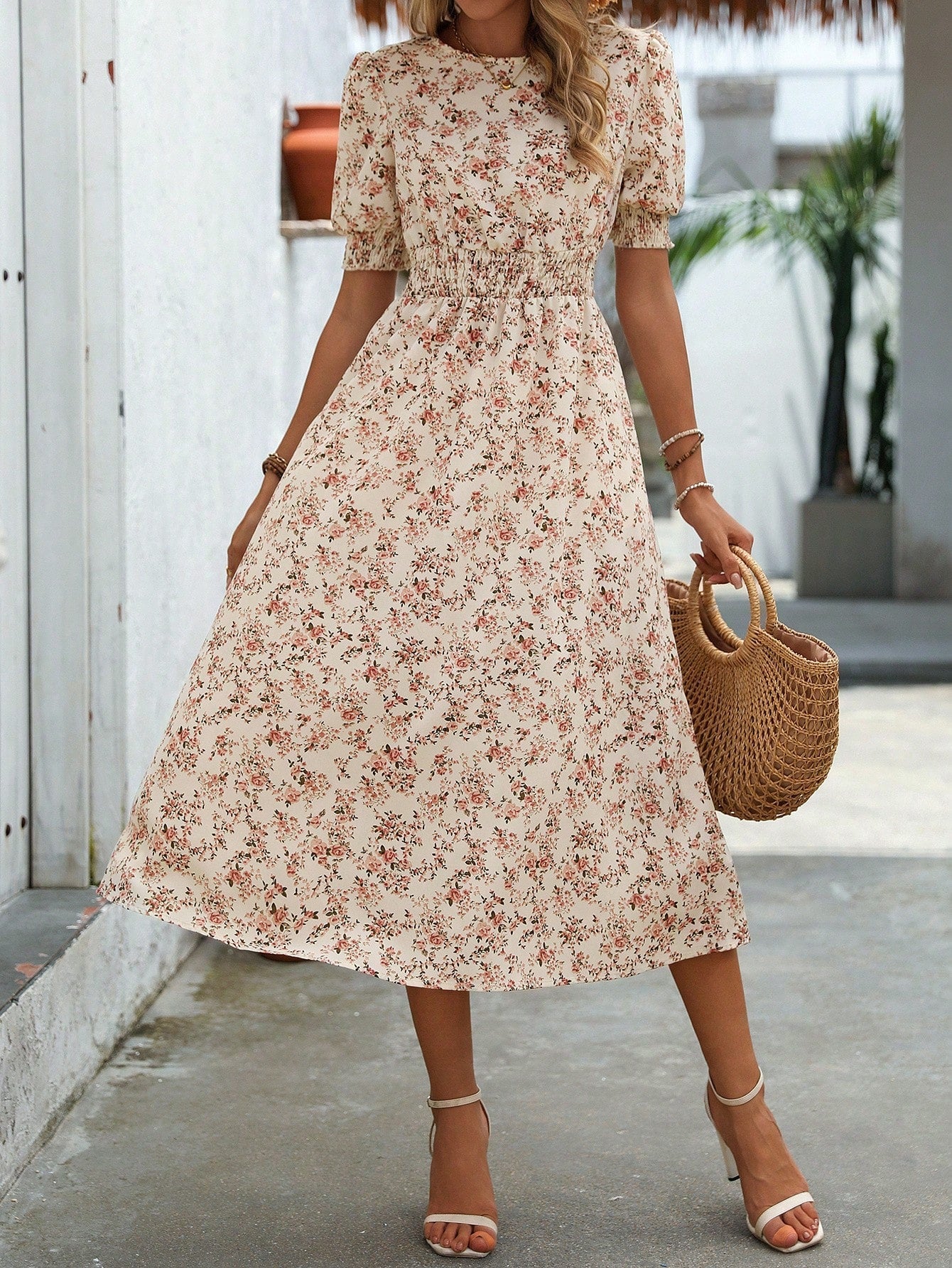 Blumendruck Puffärmel Raffung Taille A Linie Midikleid