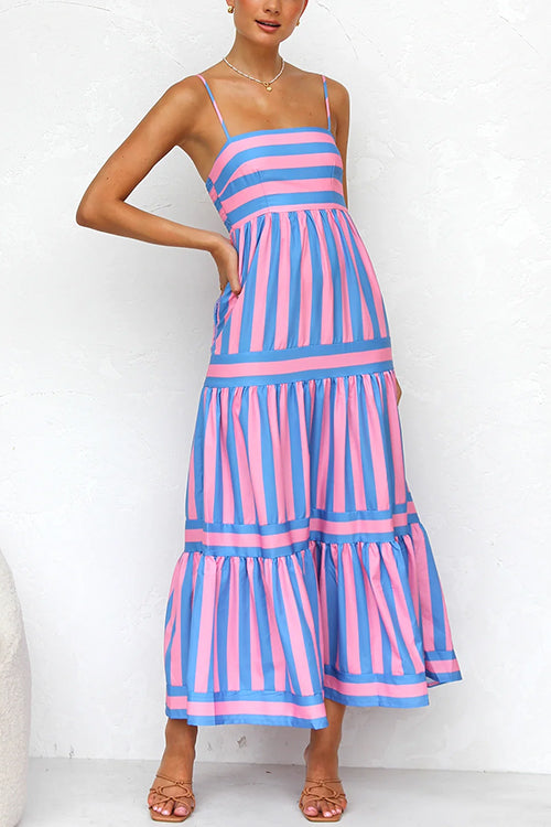 Spaghettiträger Maxikleid mit Color Block Streifen und abgestuften Lagen