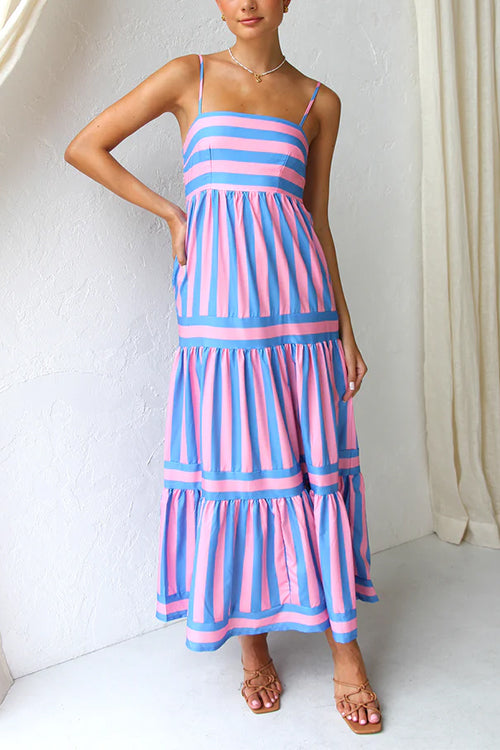 Spaghettiträger Maxikleid mit Color Block Streifen und abgestuften Lagen
