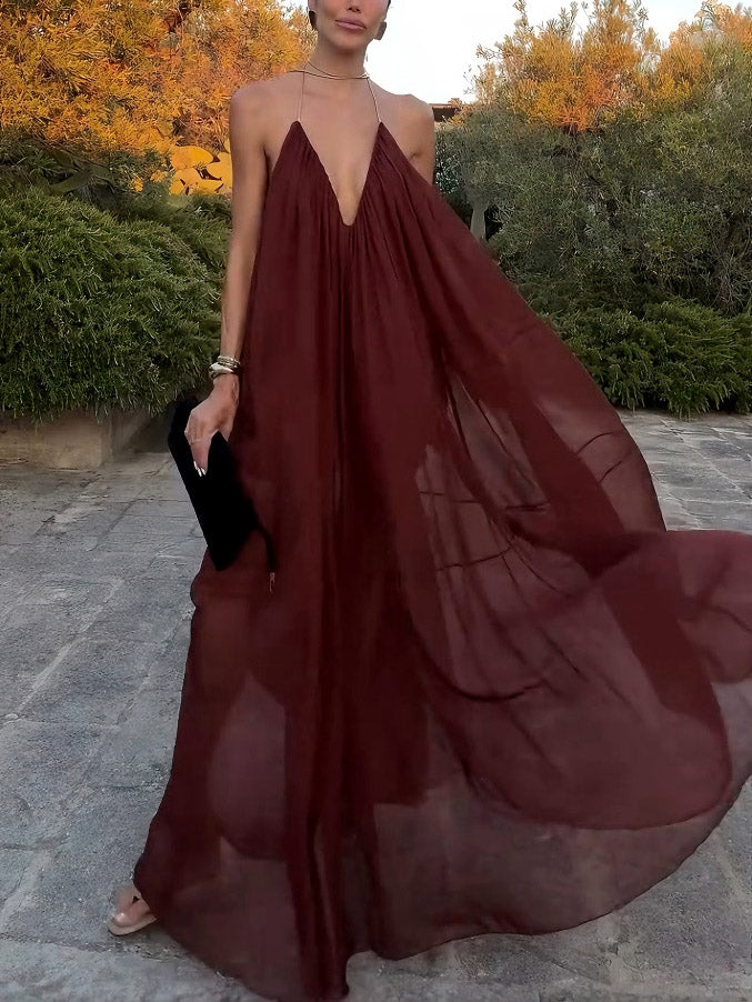 Elegantes Chiffon Maxikleid mit V Ausschnitt fließender Schnitt