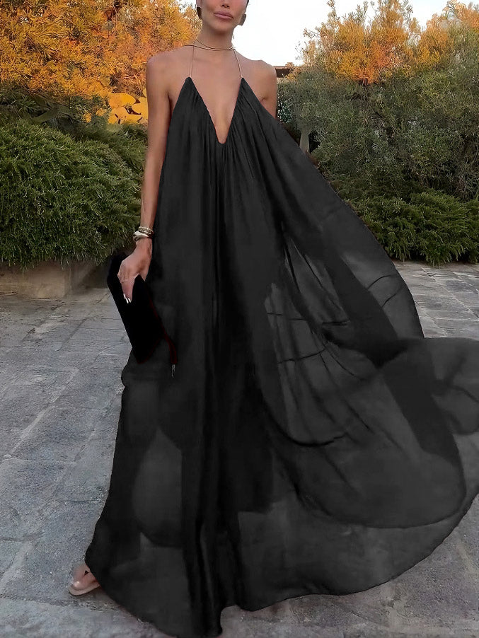 Elegantes Chiffon Maxikleid mit V Ausschnitt fließender Schnitt