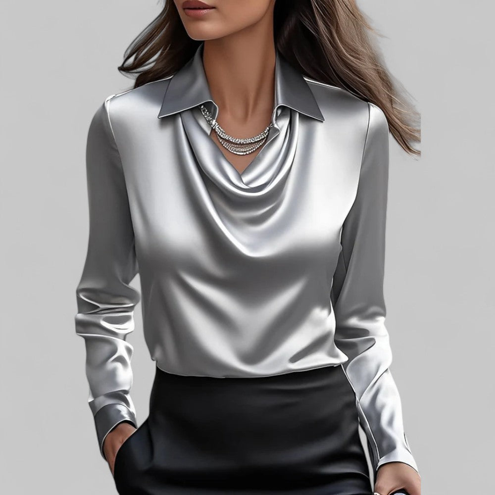Rose Damen langärmelige Satinbluse mit Drapierung