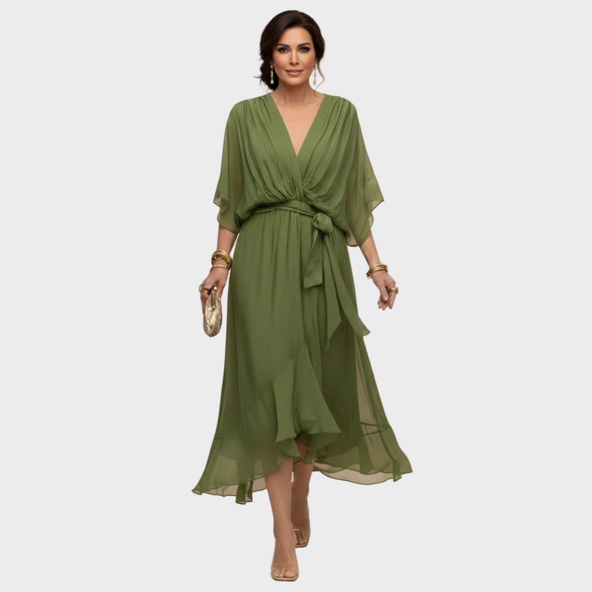 Damen Midi Chiffonkleid mit V Ausschnitt und Bindegürtel