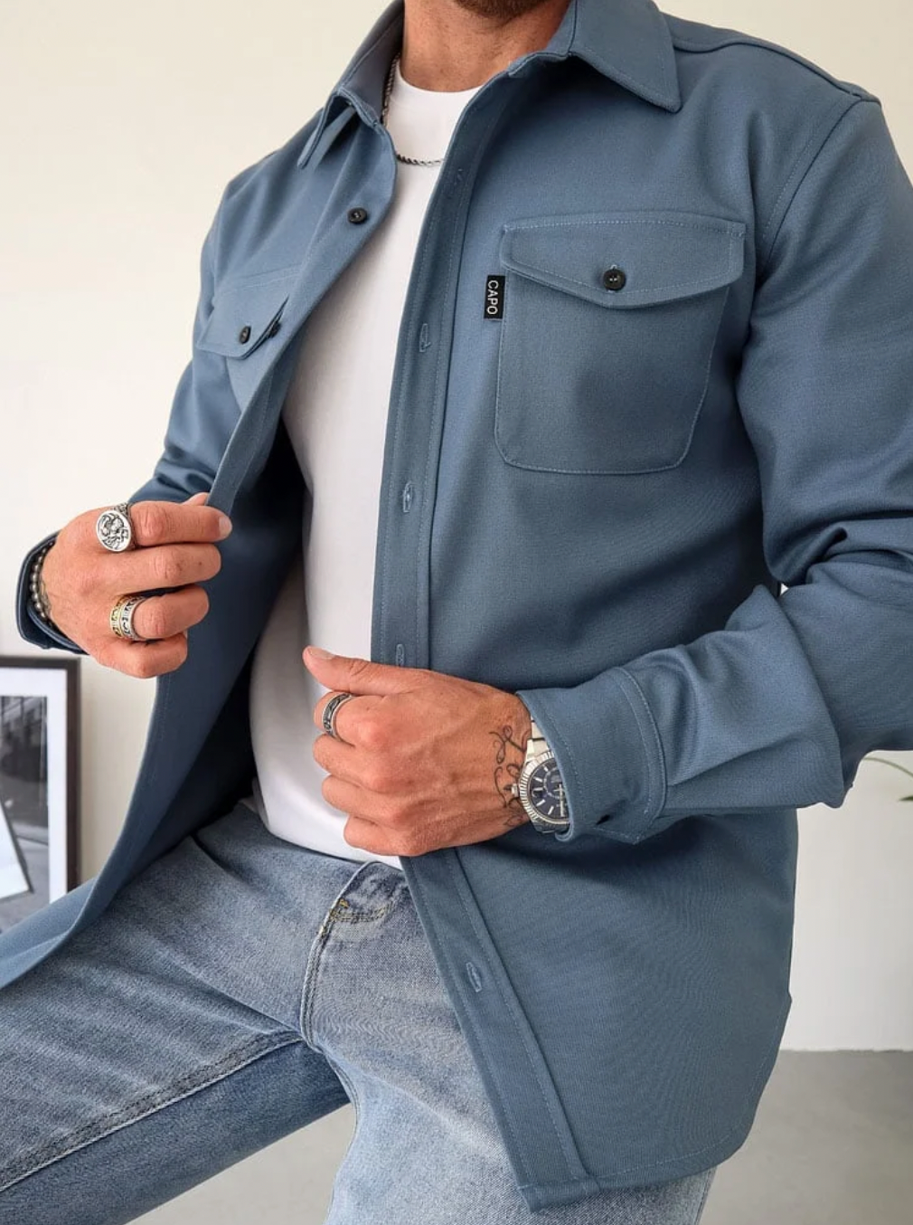 Herren Hemdjacke mit Knopfleiste Brusttaschen lässig