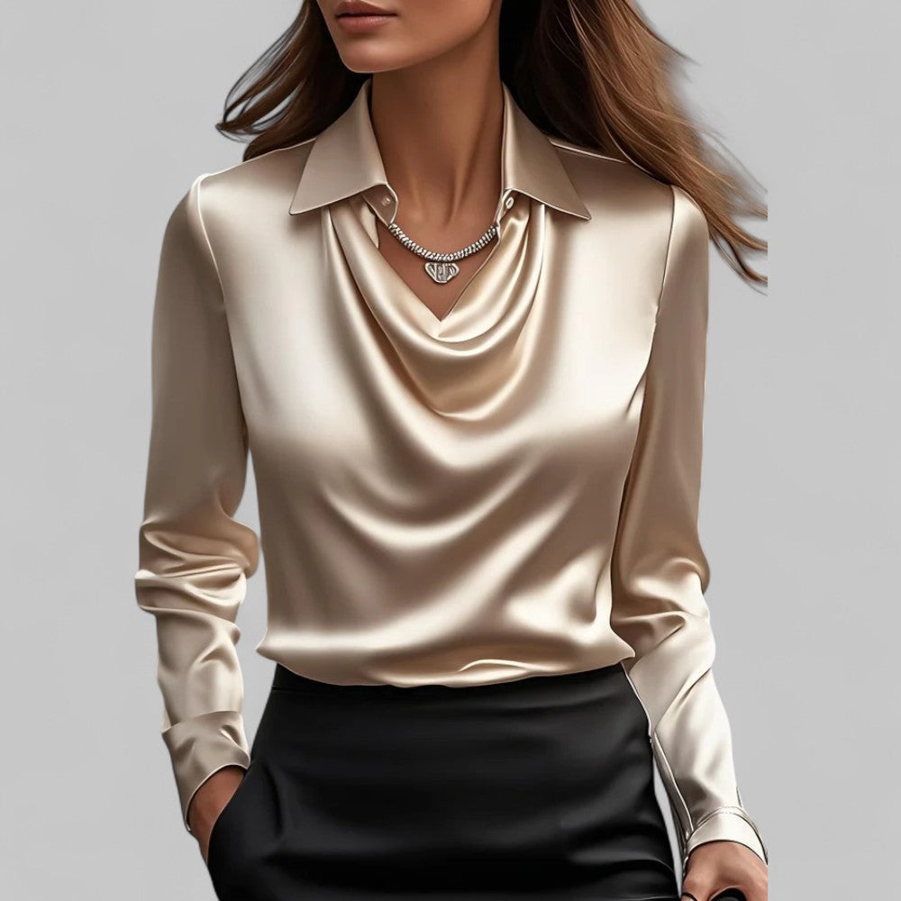 Rose Damen langärmelige Satinbluse mit Drapierung
