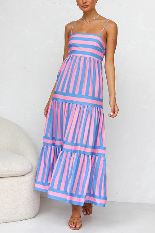 Spaghettiträger Maxikleid mit Color Block Streifen und abgestuften Lagen