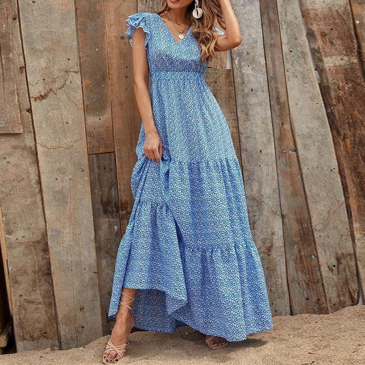 Bohemien Kleid mit V Ausschnitt und Blumenprint kurze Ärmel