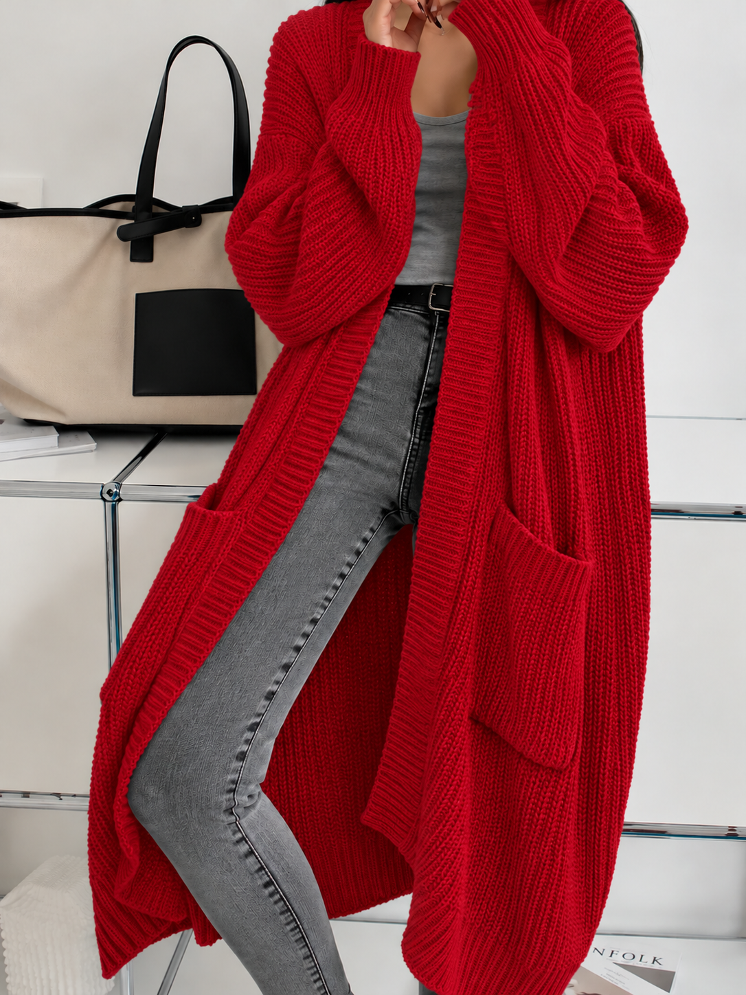 Damen Langcardigan oversize mit Rippstrick