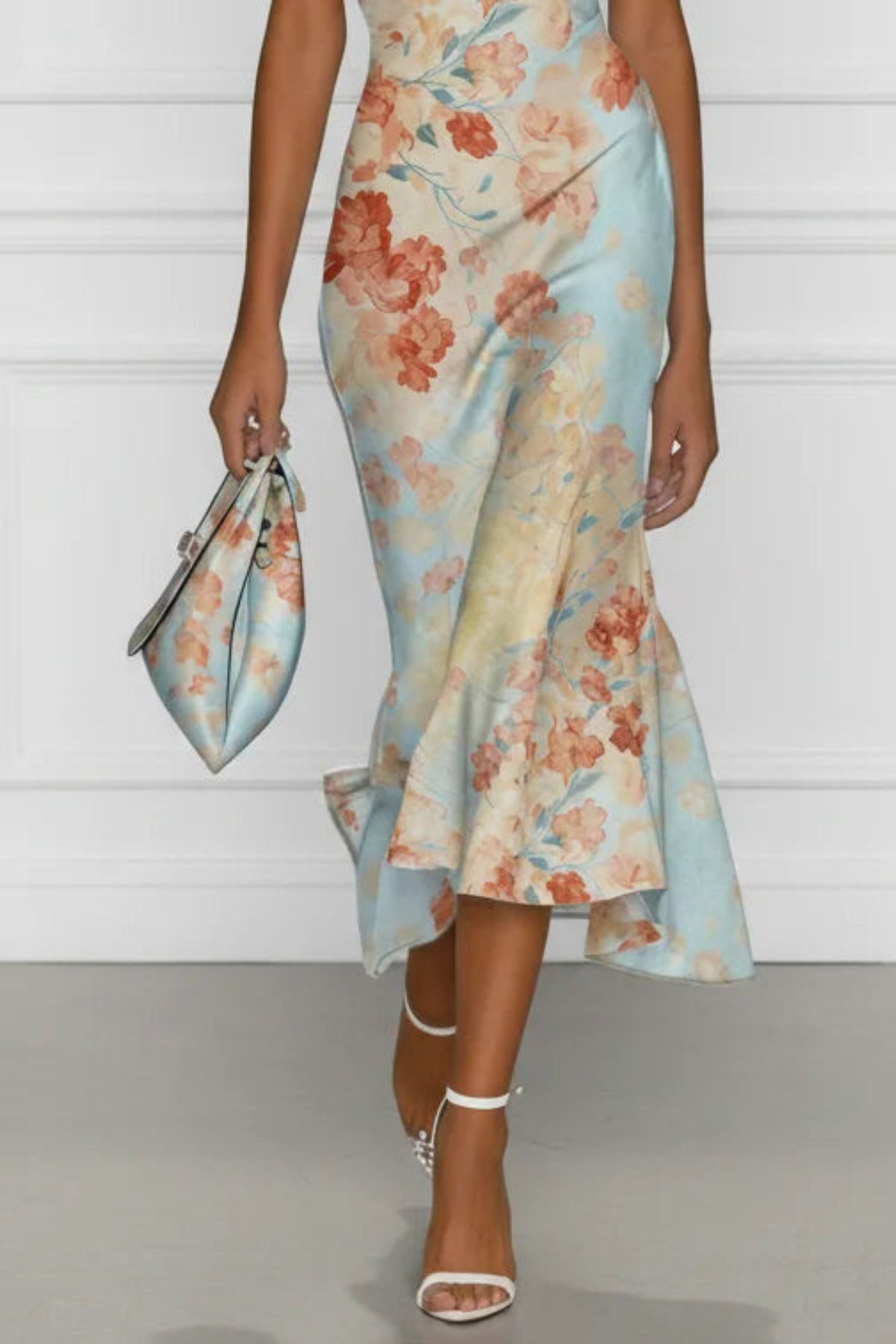 Damen Mermaid Midi Kleid mit One Shoulder und Blumenprint
