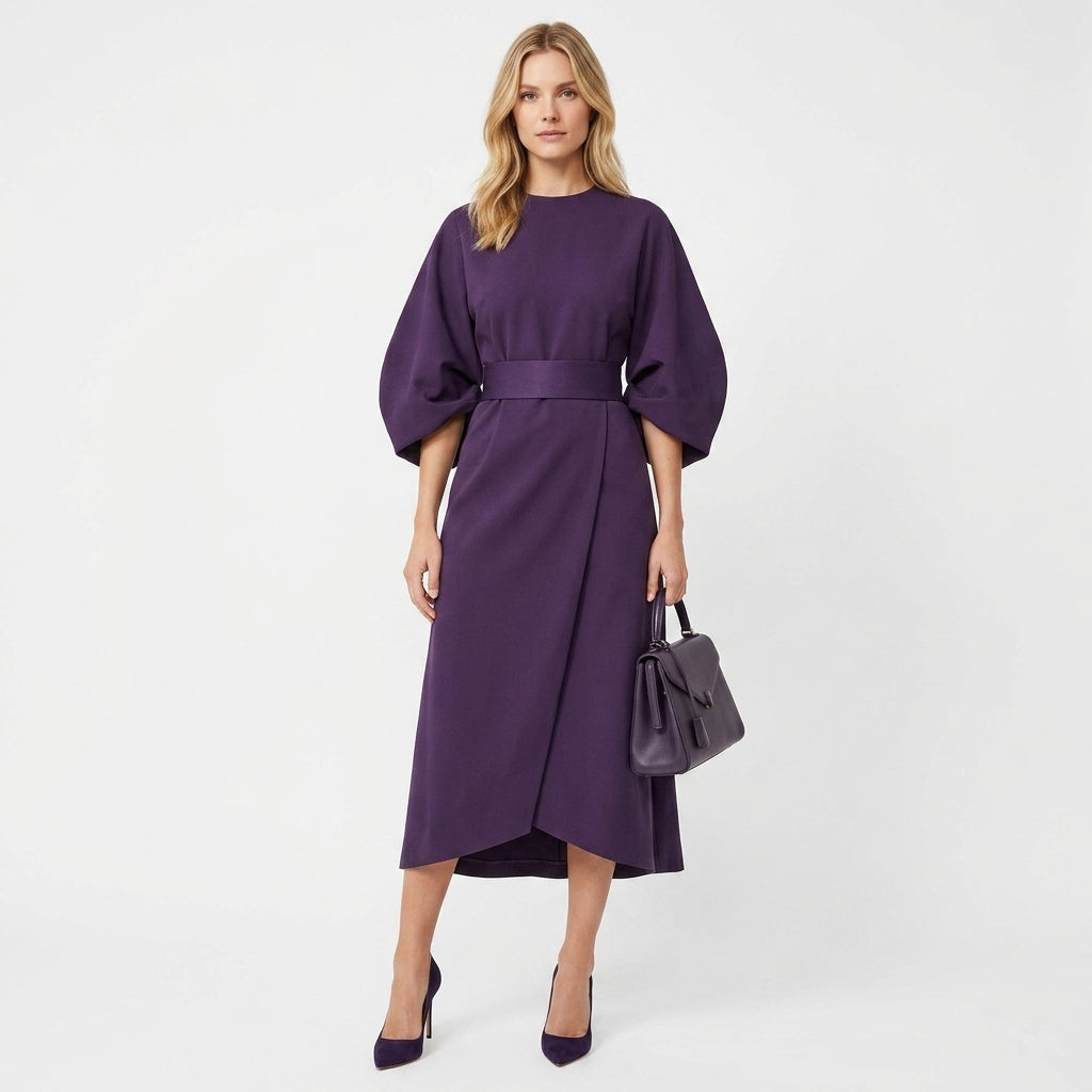 Damen Midikleid mit Bindegürtel und A-Linie