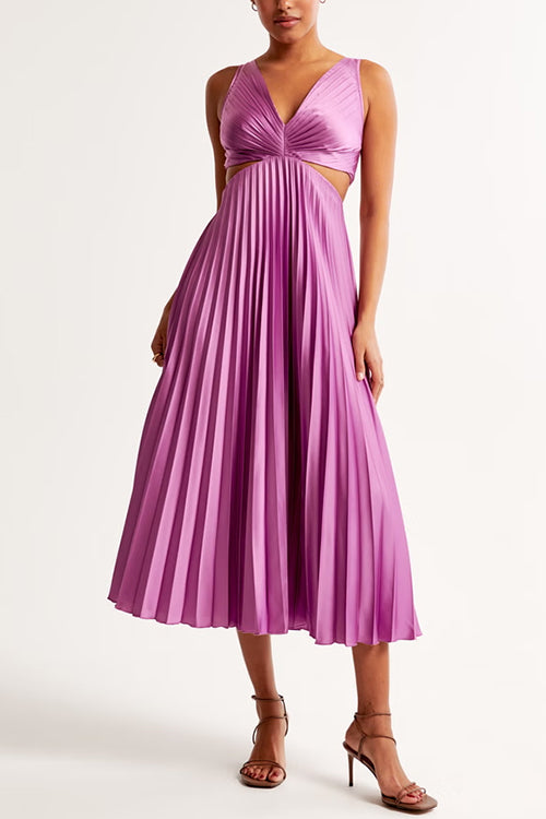 Damen Maxikleid mit V-Ausschnitt Taillen-Cut-Out ärmellos und plissiert