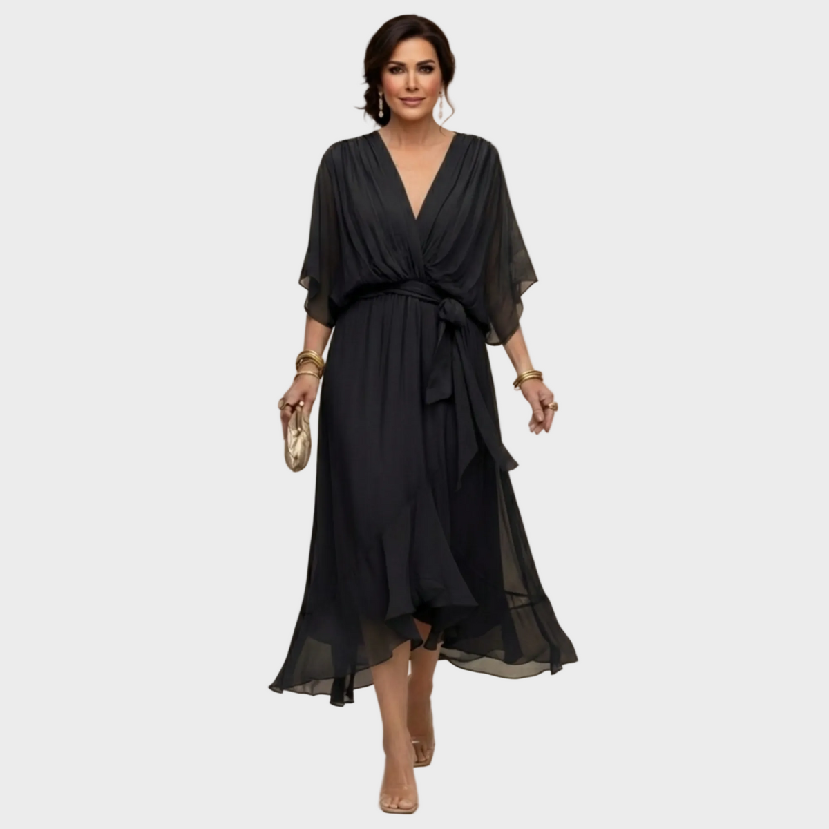 Damen Midi Chiffonkleid mit V Ausschnitt und Bindegürtel