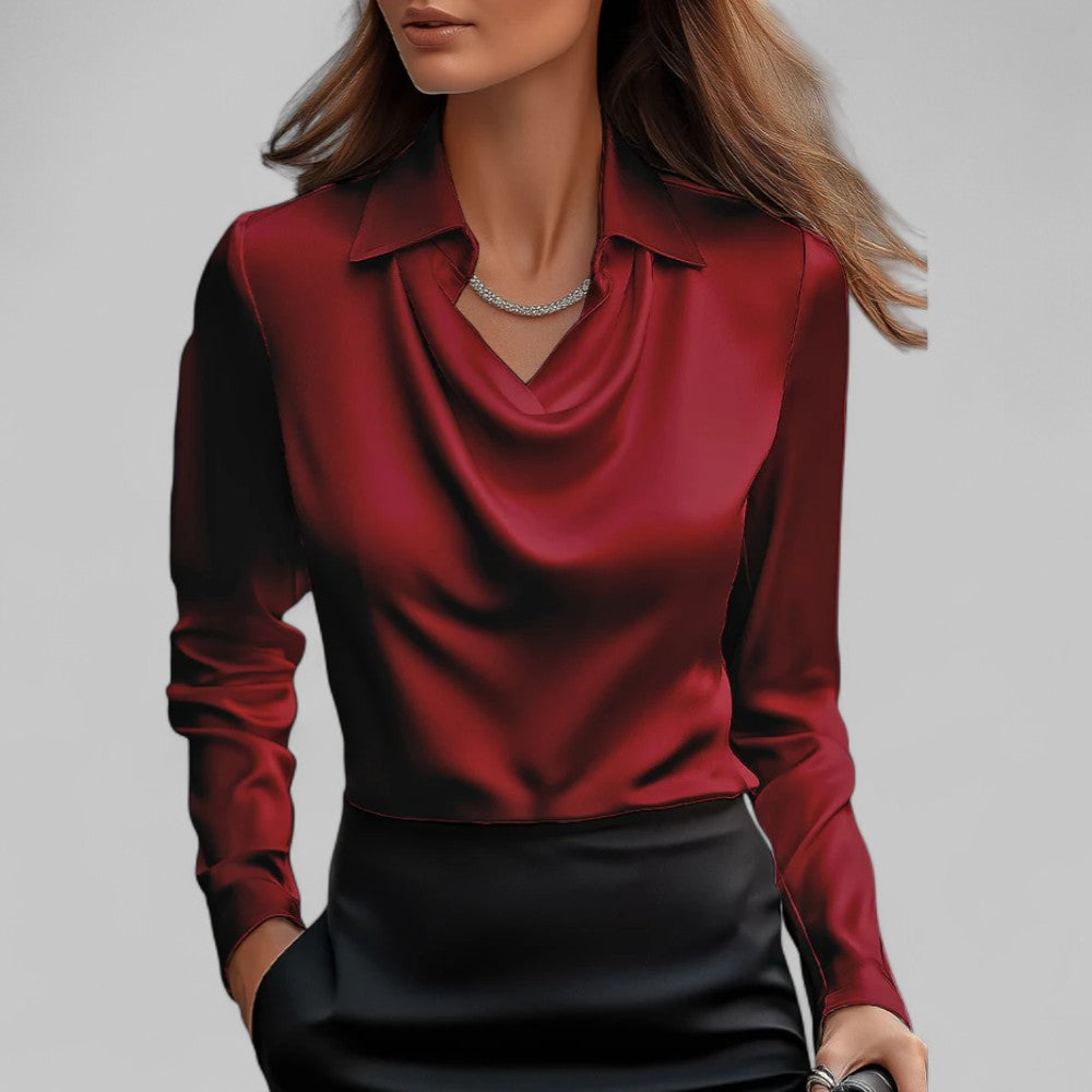 Rose Damen langärmelige Satinbluse mit Drapierung