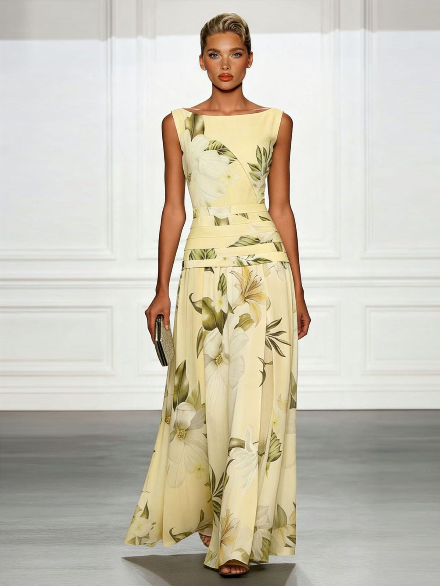 Fresh ärmelloses Party Maxikleid mit Bootsausschnitt und Print
