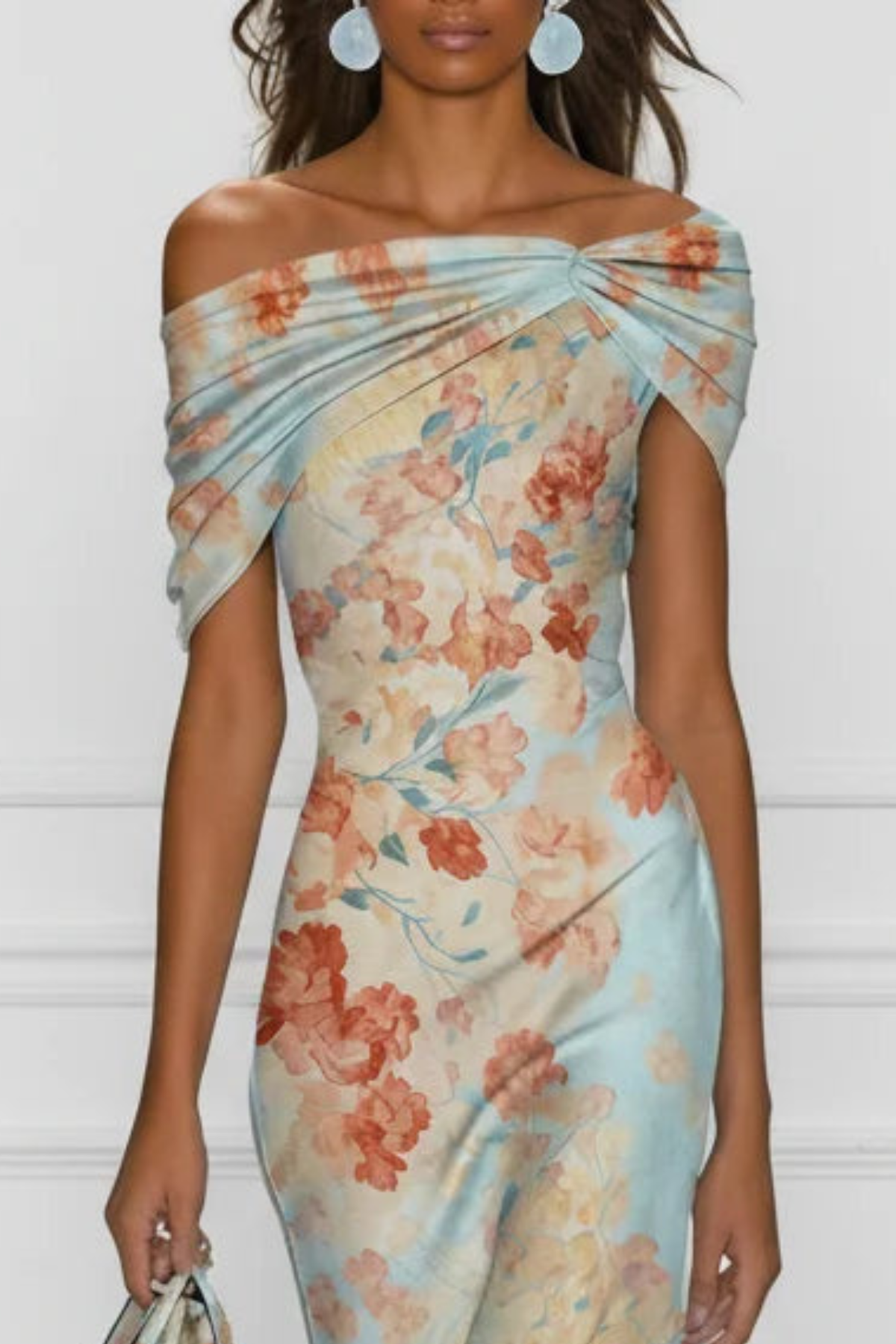 Damen Mermaid Midi Kleid mit One Shoulder und Blumenprint
