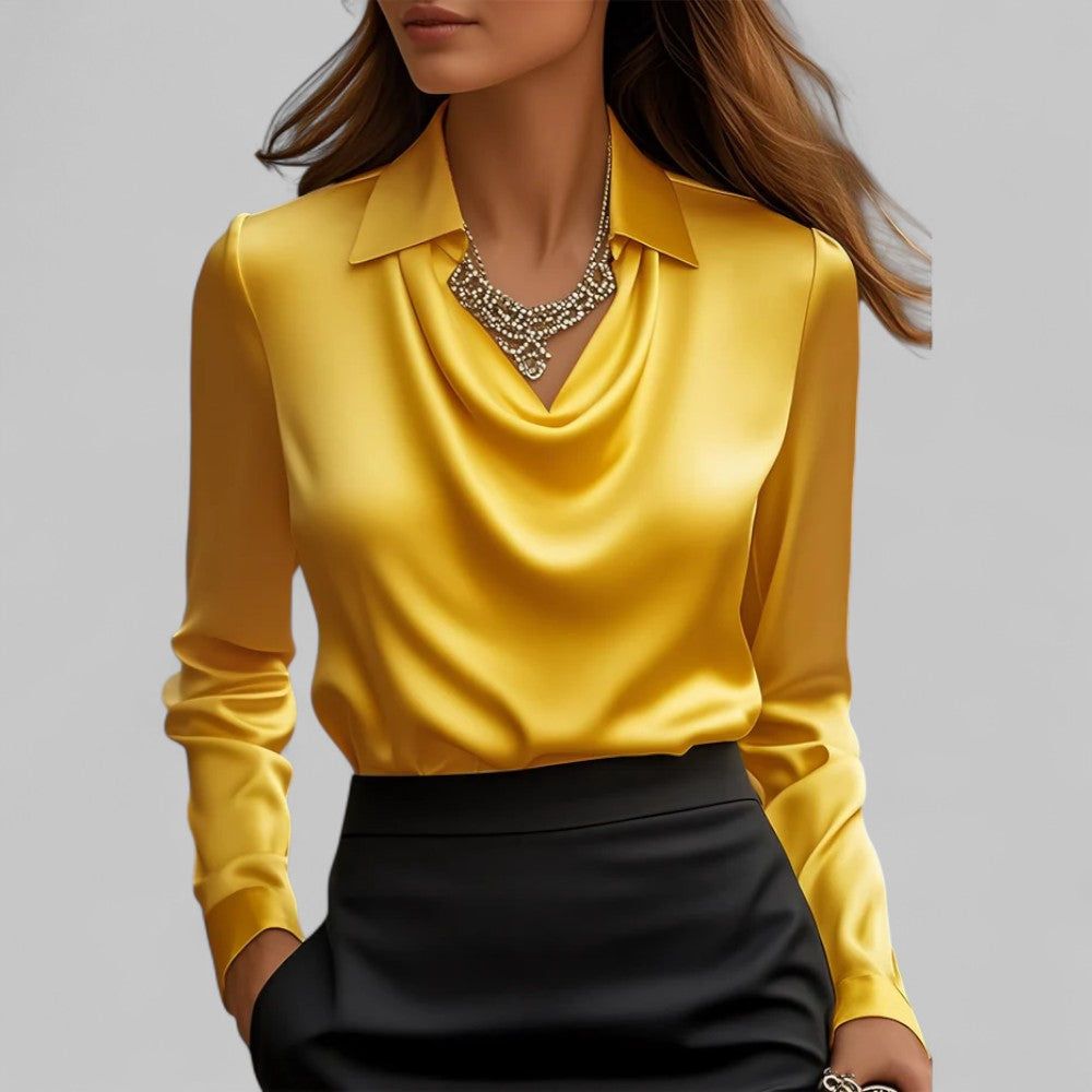 Rose Damen langärmelige Satinbluse mit Drapierung