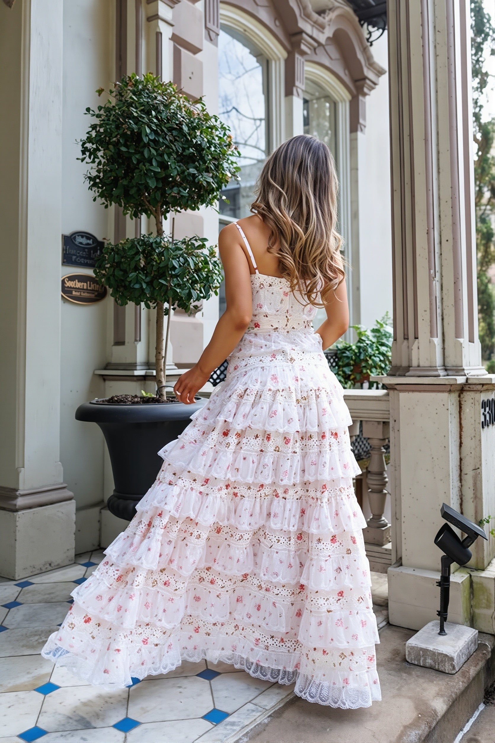 Sexy Cami Maxikleid mit Spitzenbesatz Print und Rüschensaum