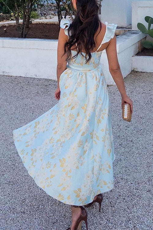 Partykleid mit Rüschenschultern Schleifenbund und Schlitz