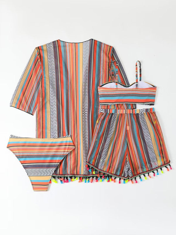 Damen Bikini Set mit Cover Up Shirt und Strandshorts