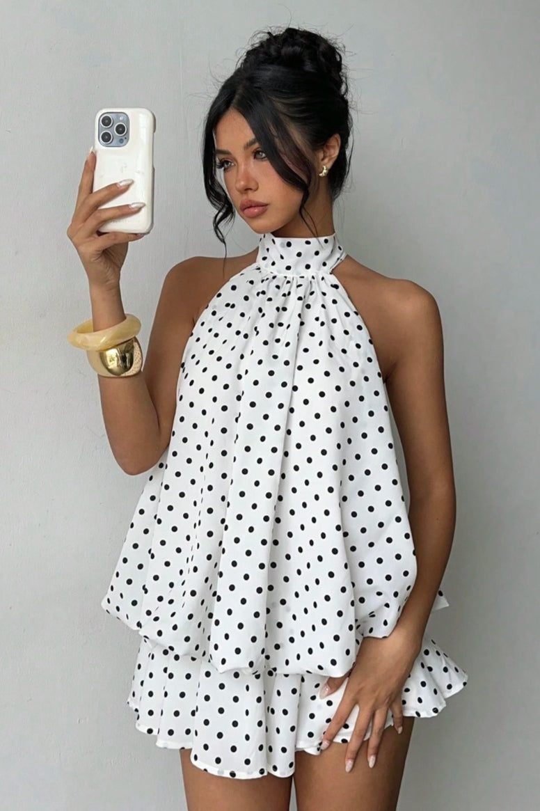 Polka Dot Halfter Minikleid mit rückenfreier Schnürung