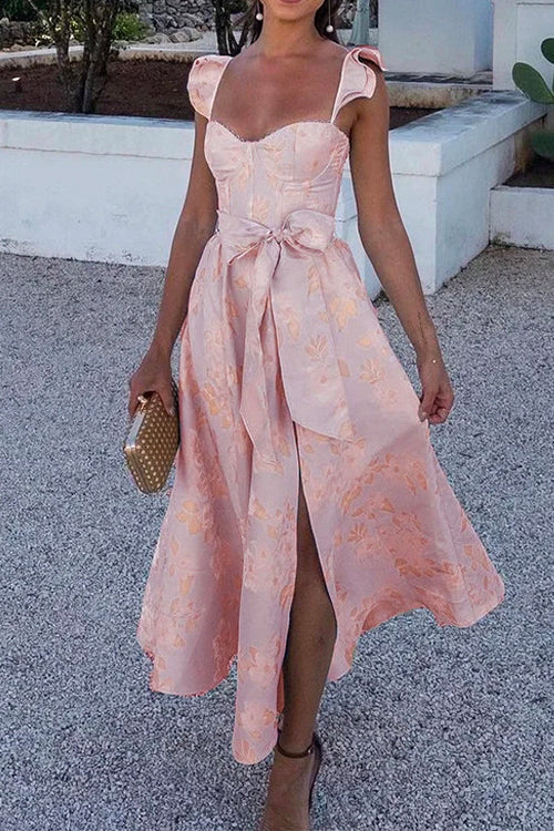 Partykleid mit Rüschenschultern Schleifenbund und Schlitz