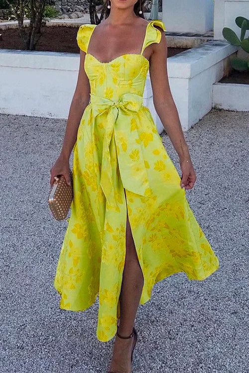 Partykleid mit Rüschenschultern Schleifenbund und Schlitz