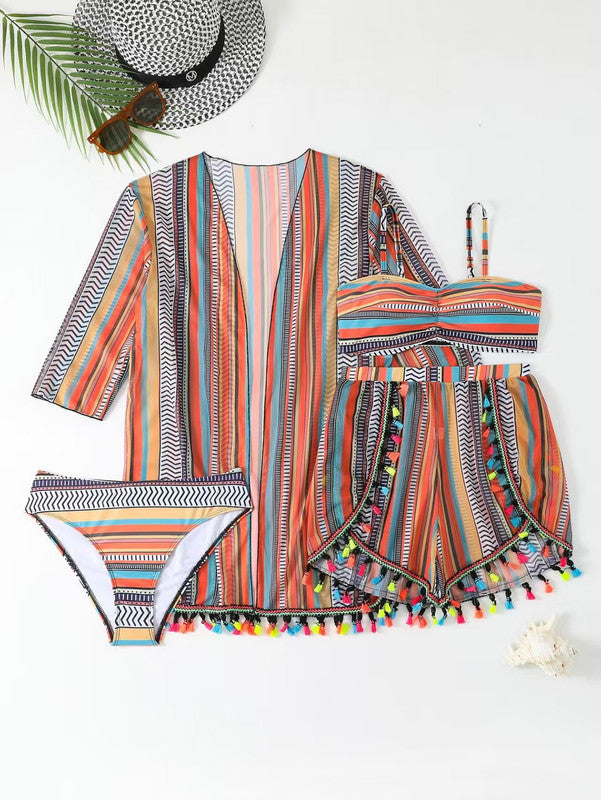 Damen Bikini Set mit Cover Up Shirt und Strandshorts