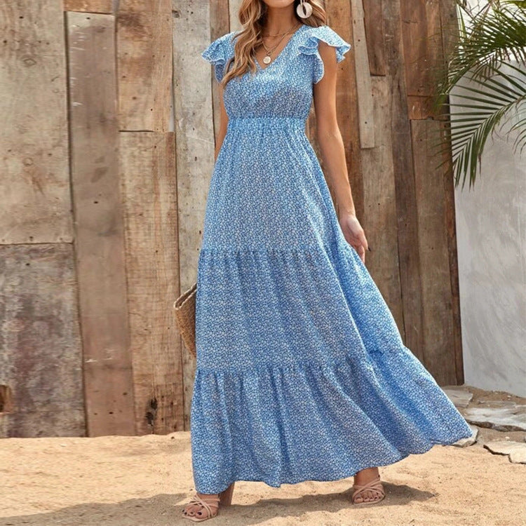 Bohemien Kleid mit V Ausschnitt und Blumenprint kurze Ärmel