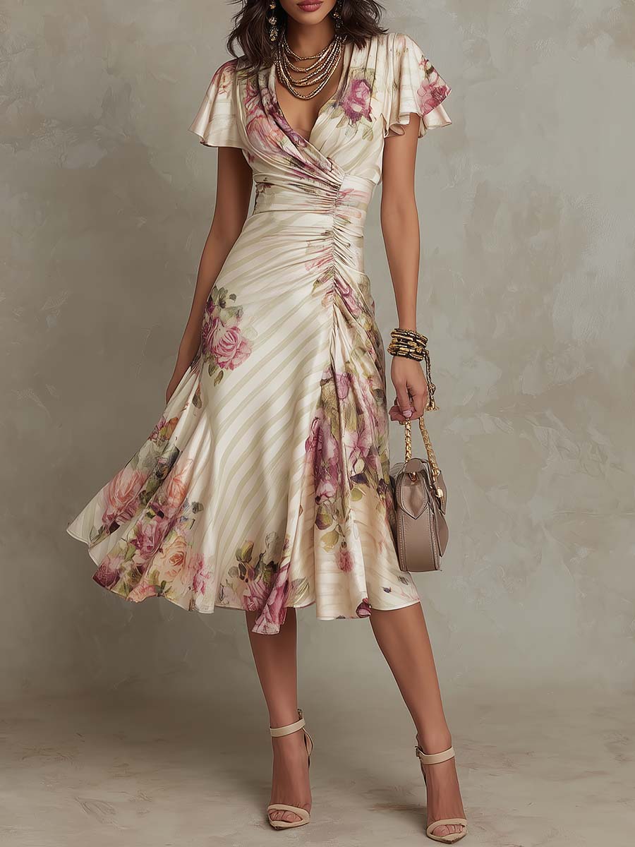 Alba Damen Retro Satin Midi Kleid mit Blumenmuster