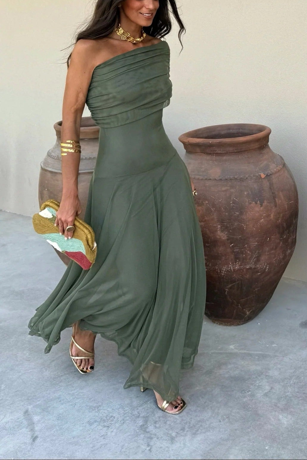 Brittany Damen One-Shoulder Mesh-Maxikleid für den Sommer
