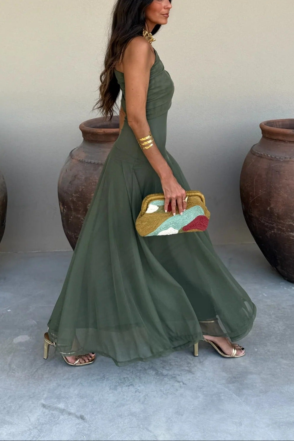Brittany Damen One-Shoulder Mesh-Maxikleid für den Sommer
