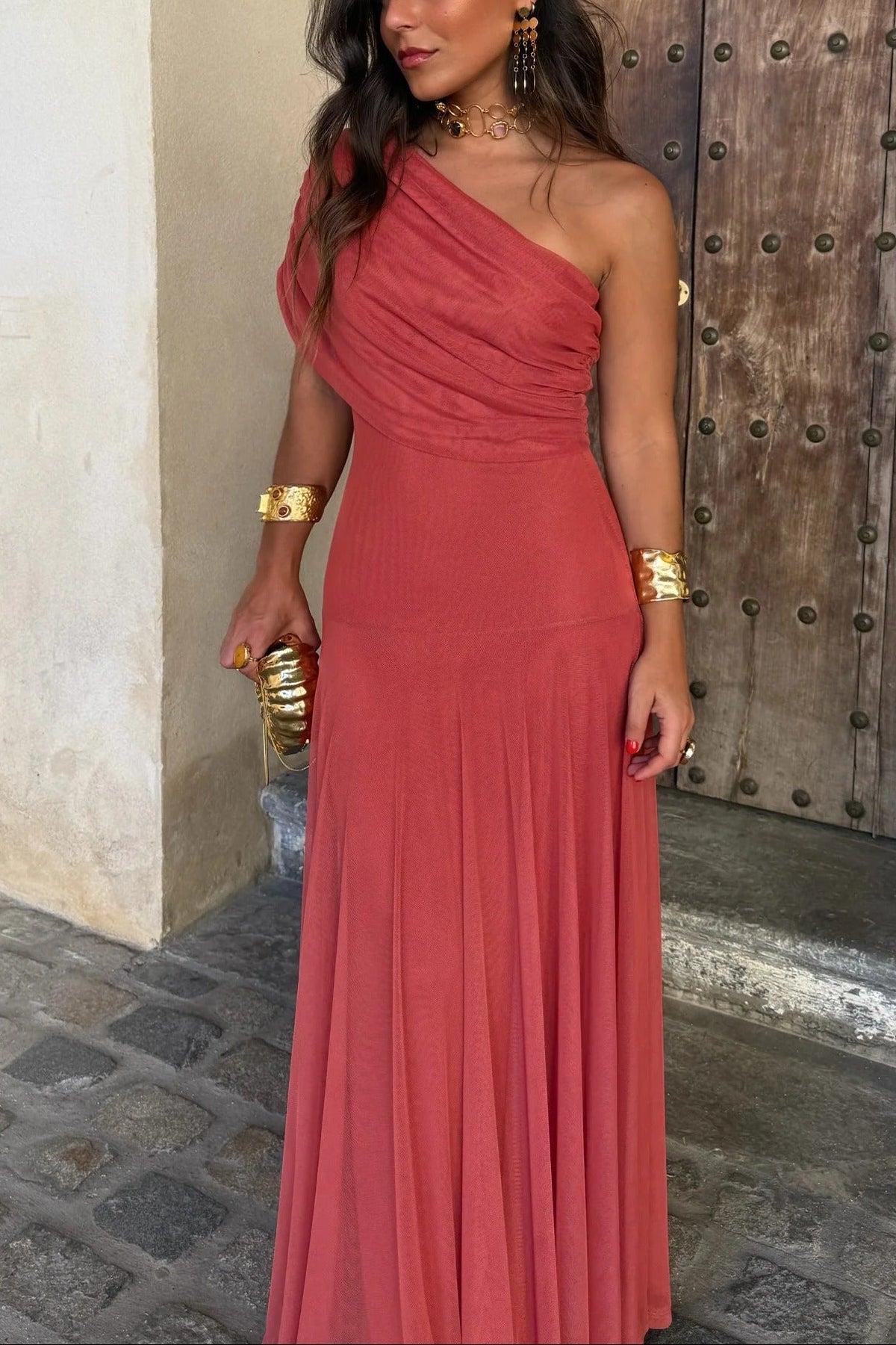 Brittany Damen One-Shoulder Mesh-Maxikleid für den Sommer