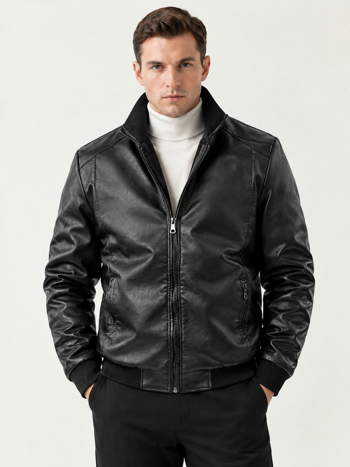 Herren Lederjacke mit Stehkragen und Reißverschluss