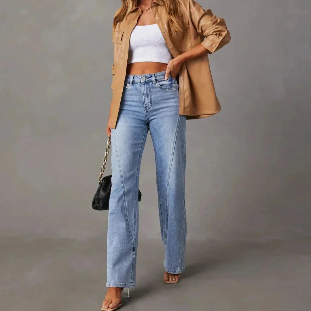 Damen High Waist Weitbein Jeans mit V Naht