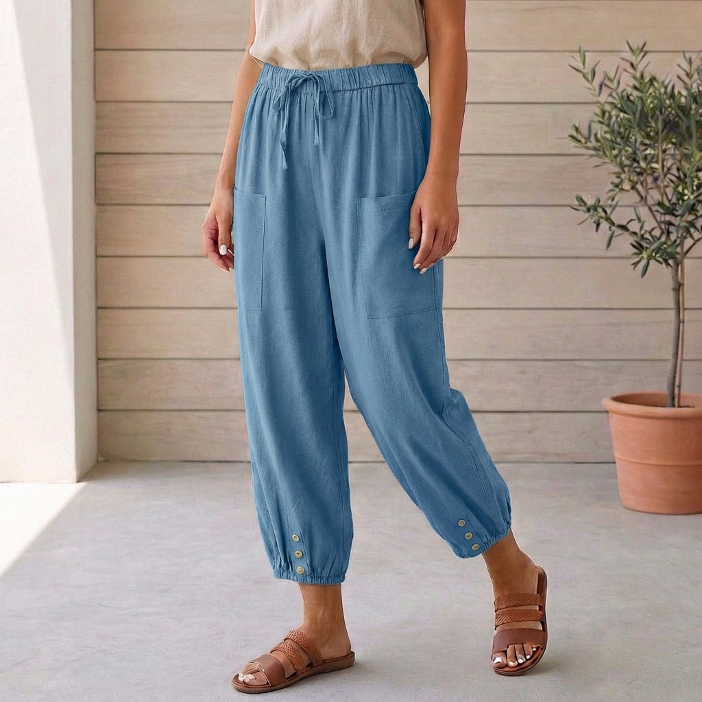 Hoch taillierte Relaxed-Cropped-Hose mit gerafften Knöcheln aus Leinen