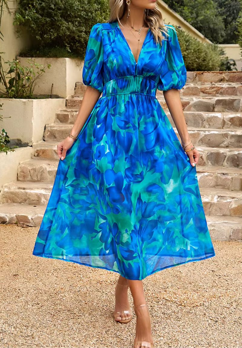 Damen Maxikleid mit Blumenmuster V-Ausschnitt Puffärmel