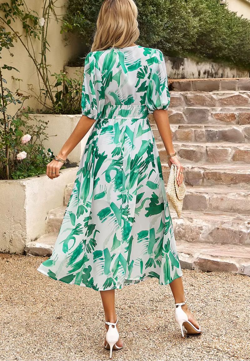 Damen Maxikleid mit Blumenmuster V-Ausschnitt Puffärmel