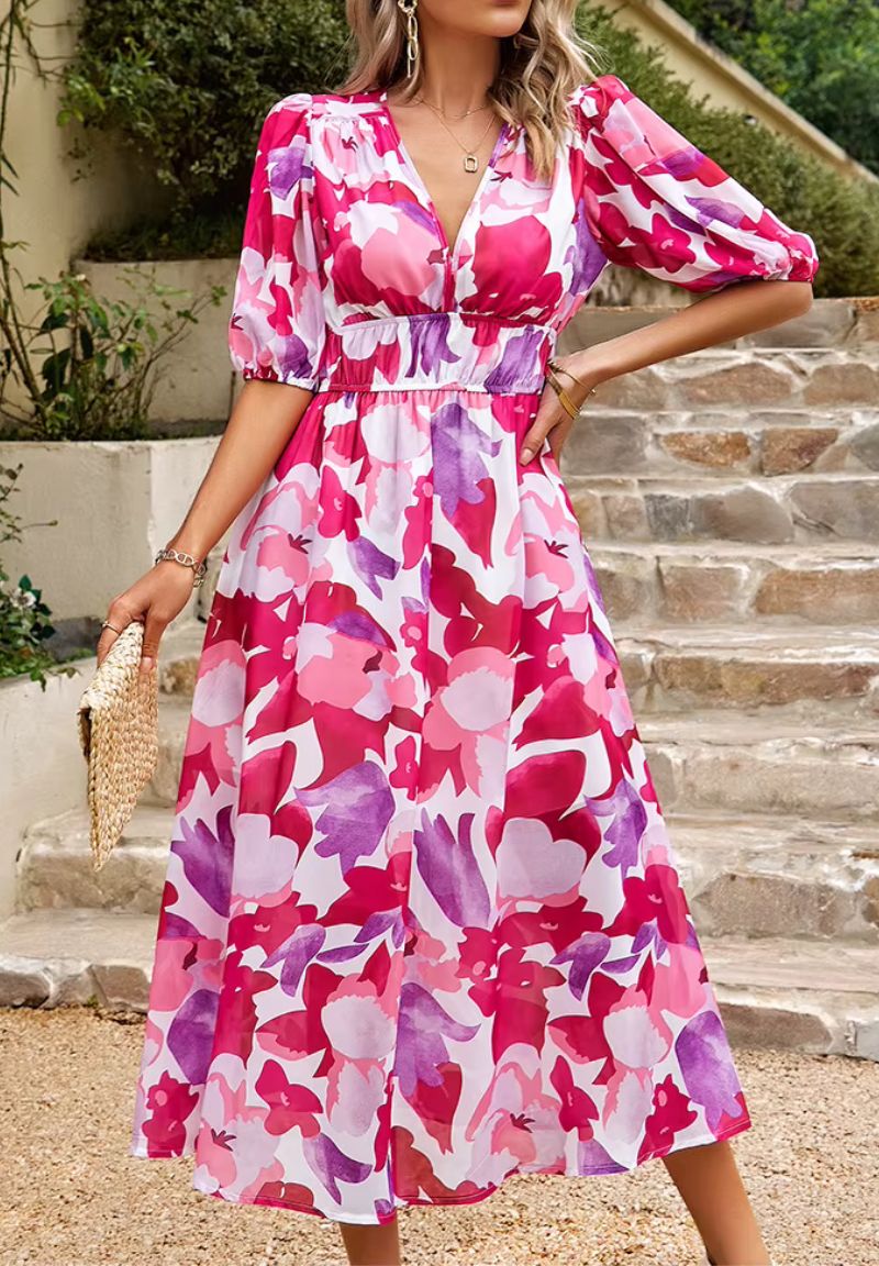 Damen Maxikleid mit Blumenmuster V-Ausschnitt Puffärmel