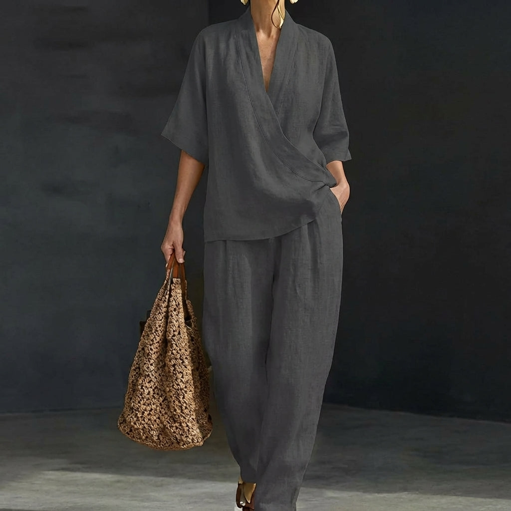 Dolores Damen Zweiteiler mit Henley Oberteil und weiter Hose